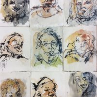 Gloria Jensen
Portrætter 
Blindtegning , akvarel og kul 
37,5 x 28,5cm /stk